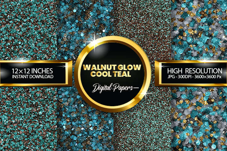 Walnut Glow Cool Teal Glitter Digital Papers - 04 Varitions