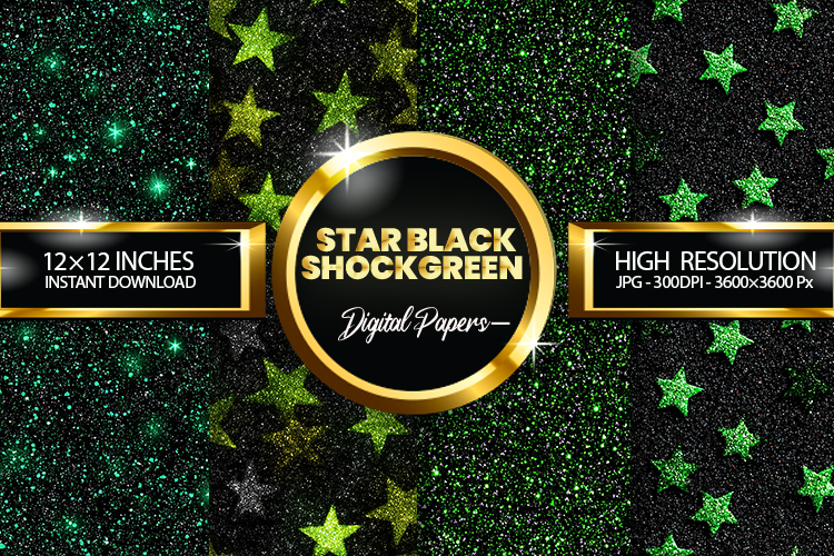 Star Black ShockGreen Glitter Digital Papers - 04 Varitions
