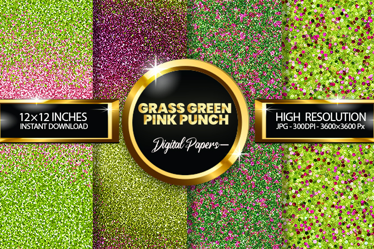 Grass Green Pink Punch Glitter Digital Papers