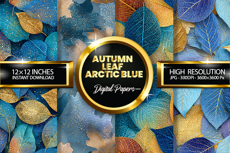 Autumn Leaf Arctic Bluel Glitter Digital Papers