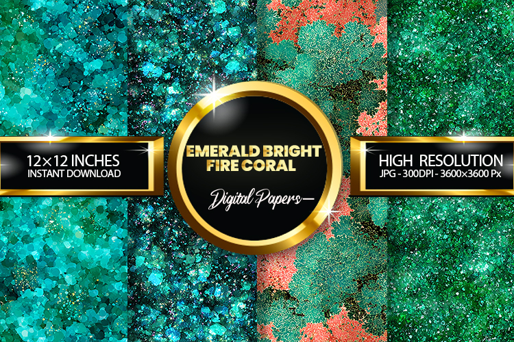 Emerald Bright Fire Coral Glitter Digital Papers