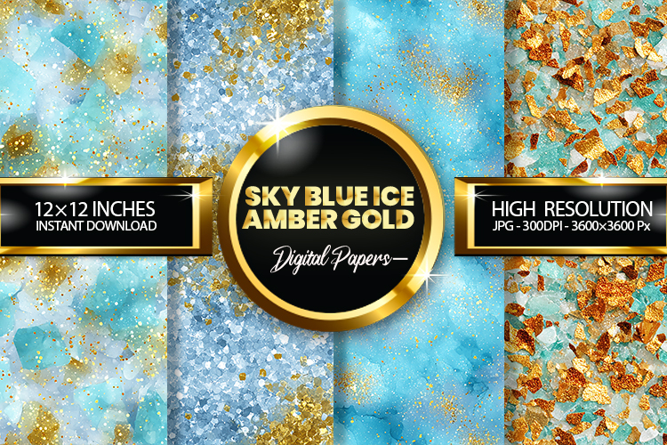 Sky Blue Ice Amber Gold Glitter Digital Papers - 04 Varition