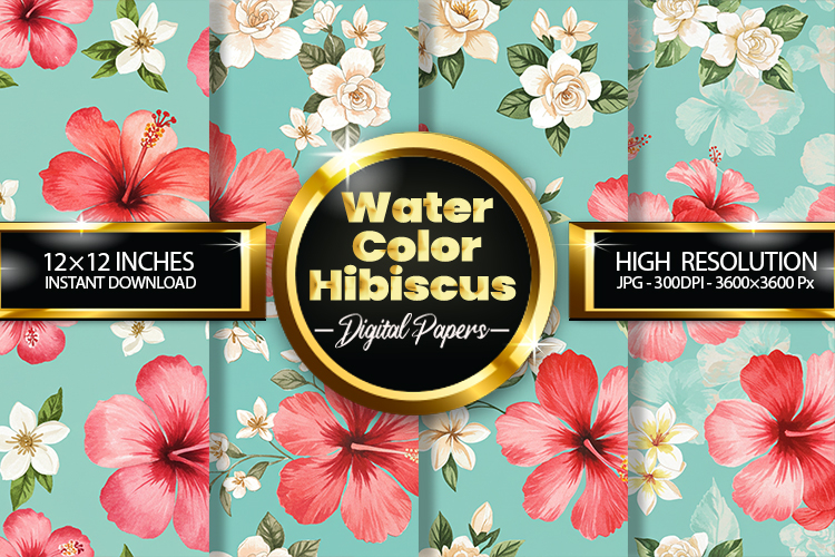Watercolor Hibiscus Digital Papers - 04 Variations