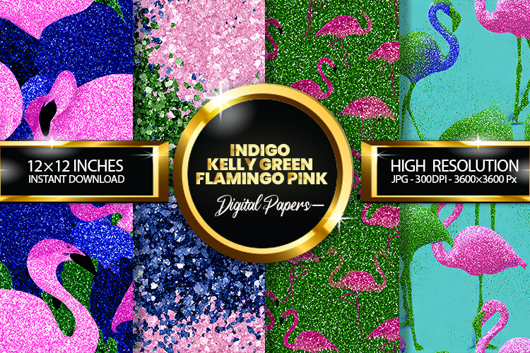 Indigo Kelly Green Flamingo Pink Glitter Digital Papers Digi