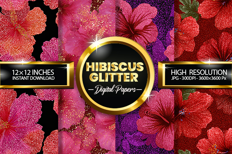 Seamless Hibiscus Glitter Digital Papers - 04 Variations