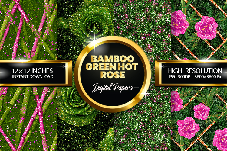 Bamboo Green Hot Rose Glitter Digital Papers - 04 Variations
