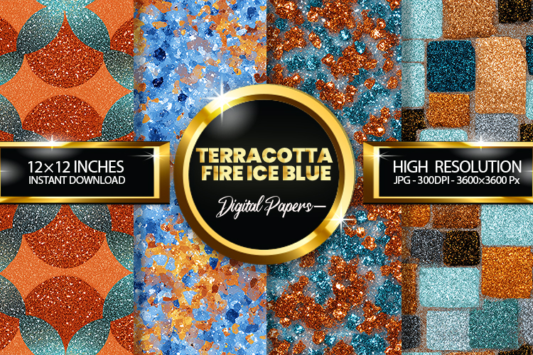 Terracotta Fire Ice Blue Glitter Digital Papers- 04 Varition