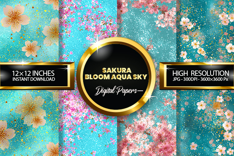 Sakura Bloom Aqua Sky Glitter Digital Papers - 04 Varitions