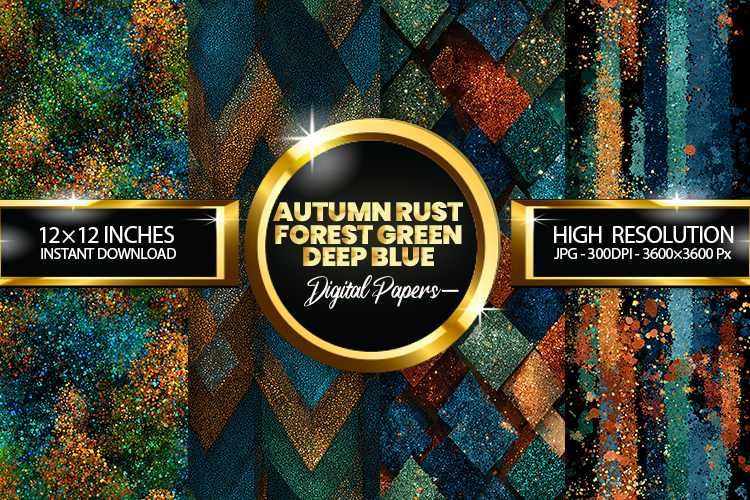 Autumn Rust Forest Green Deep Blue Glitter Digital Papers