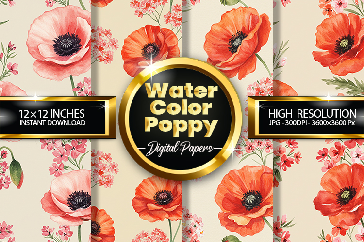 Watercolor Poppy Digital Papers - 04 Variations