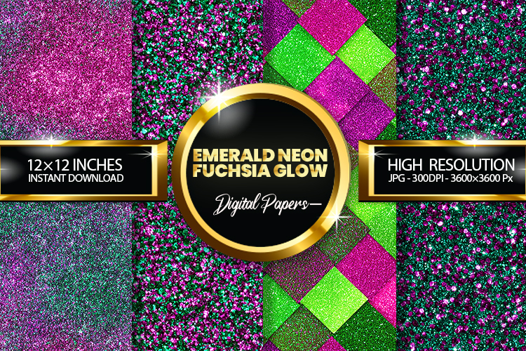 Emerald Neon Fuchsia Glow Glitter Digital Papers