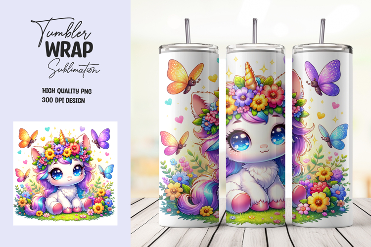 Kawaii Floral Unicorn Tumbler Wrap Sublimation Design