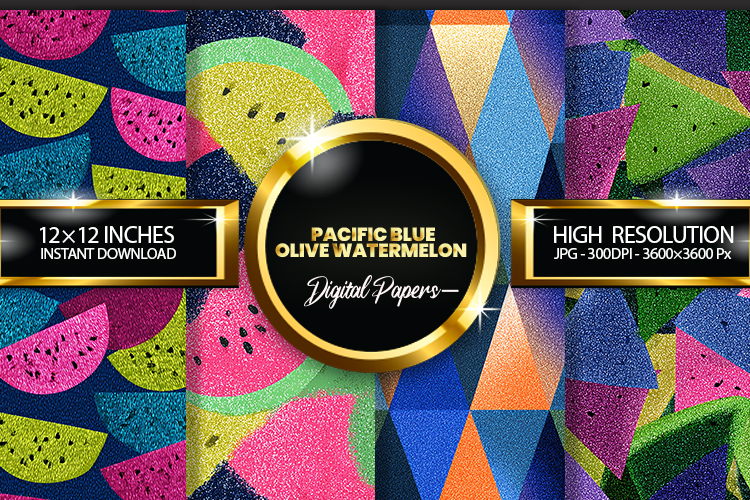 Pacific Blue Olive Watermelon Glitter Digital Papers