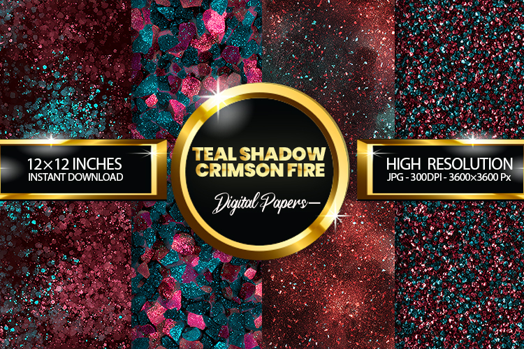 Teal Shadow Crimson Fire Glitter Digital Papers- 04 Varition