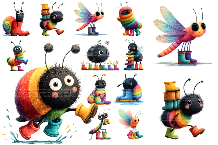 Cute Rainbow Bug in Rainboots Clipart