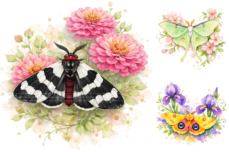 Watercolor Floral Moth Clipart Bundle