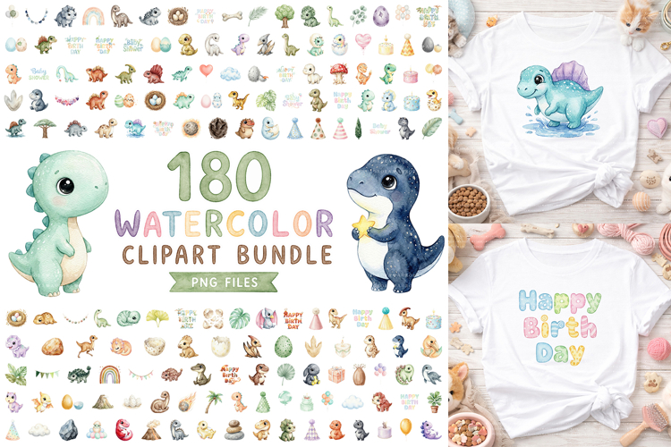 180 Watercolor Baby Dinosaur Clipart Bundle