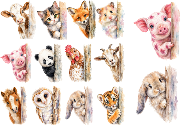 Watercolor Peeking Animals Clipart Bundle