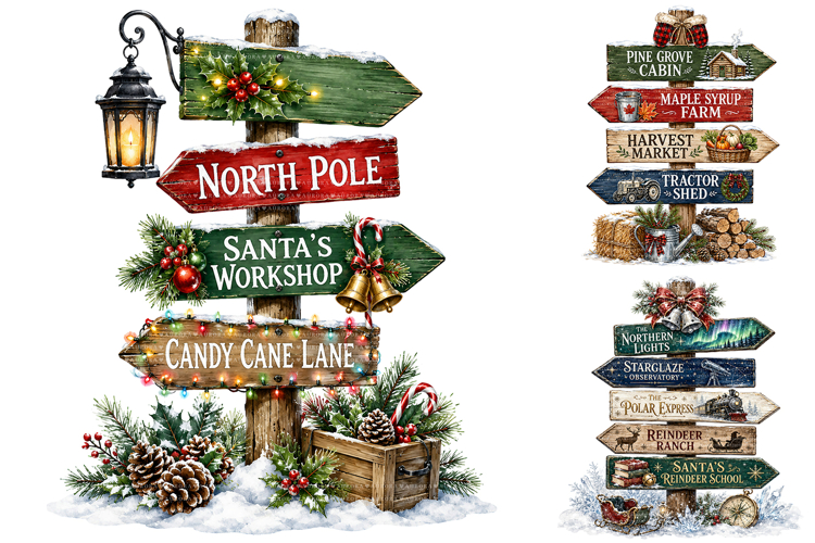 Watercolor Christmas Signpost PNG Bundle, North Pole Clipart