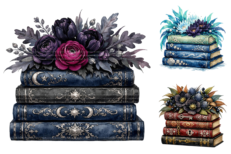 Gothic Floral Book Stack Clipart