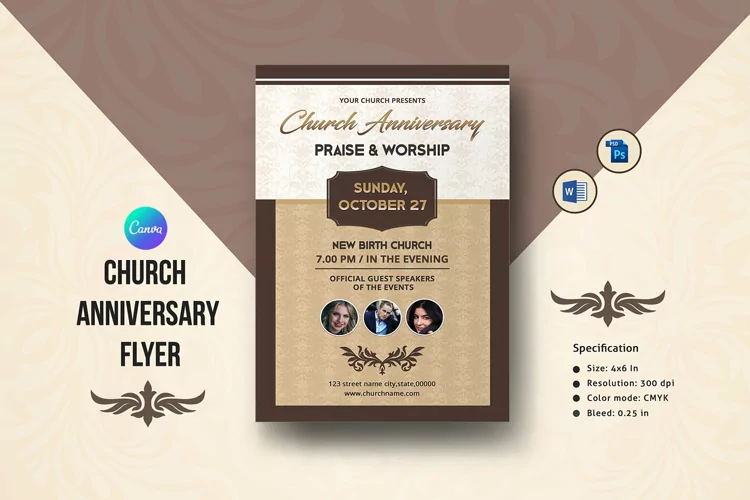 Church Anniversary Flyer, Ms Word, Photoshop & Canva Templat