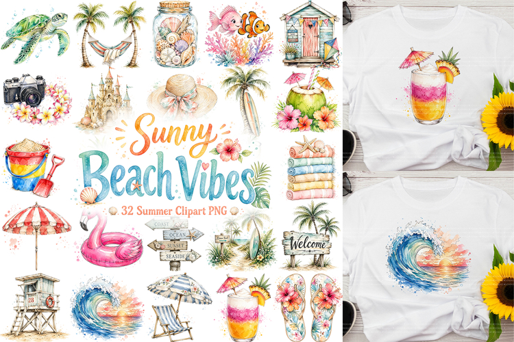 Summer Beach Sublimation Clipart PNG Bundle example image 1