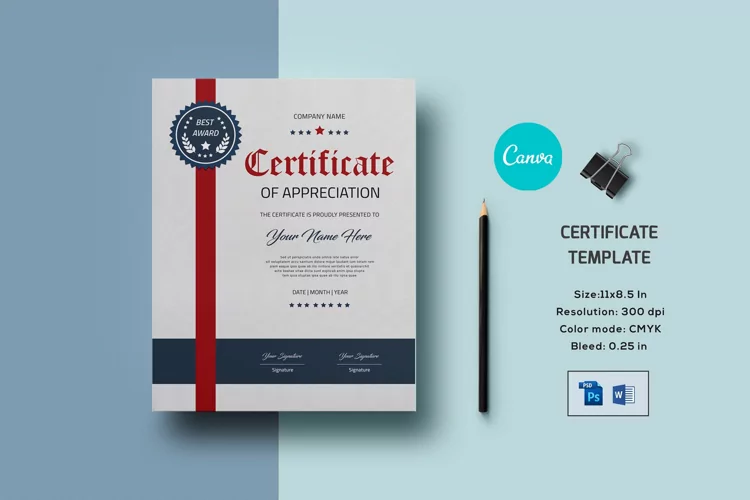 Certificate template, Canva, MS Word & Photoshop Template