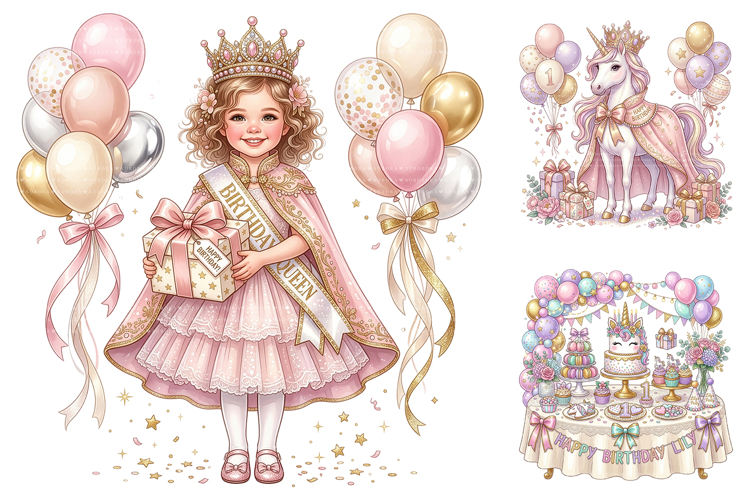Princess Unicorn Birthday Sublimation Clipart example image 1