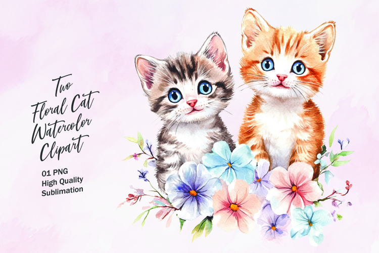 Two cute floral cat watercolor clipart
