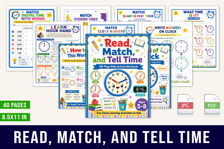 Read, Match, and Tell Time Kids Activity Workbook example image 1