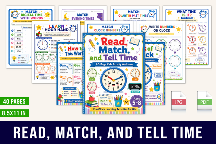 Read, Match, and Tell Time Kids Activity Workbook