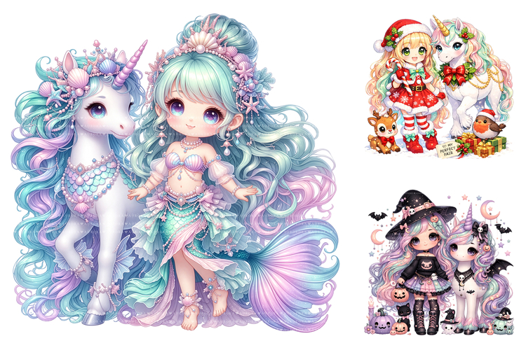 Cute Chibi Girl Unicorn Seasonal Clipart PNG
