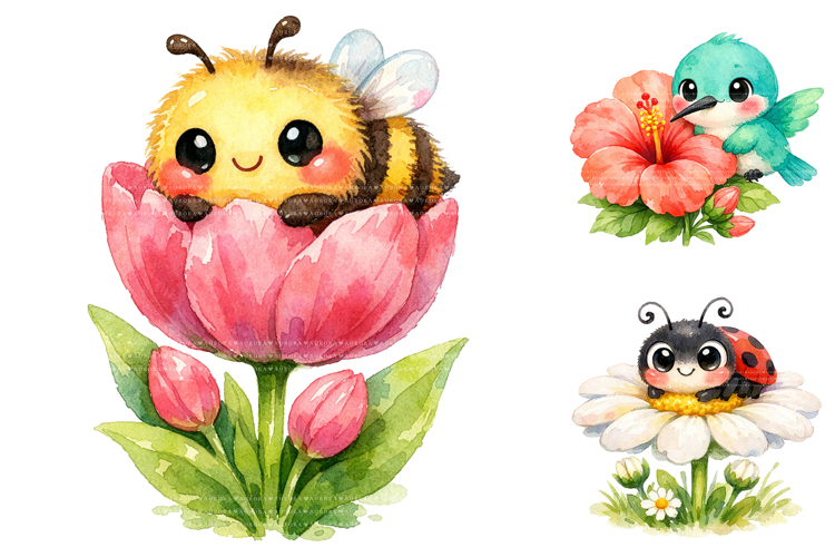 Watercolor Baby Animals Clipart PNG, Spring Floral Clipart example image 1