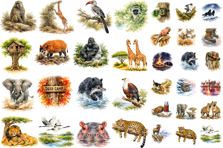 105 Safari Animal Watercolor Sublimation Clipart Bundle