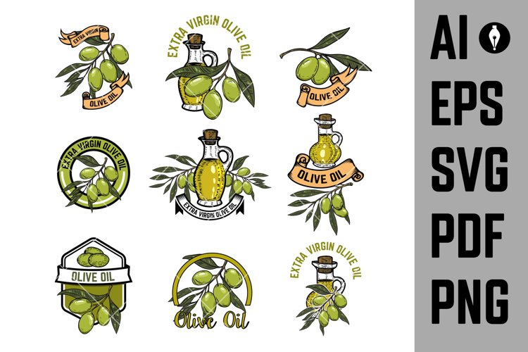 Set of olive oil emblems. Olive branch.