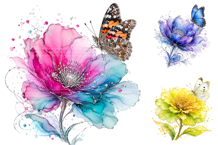 Alcohol Ink Flowers and Butterfly PNG Bundle