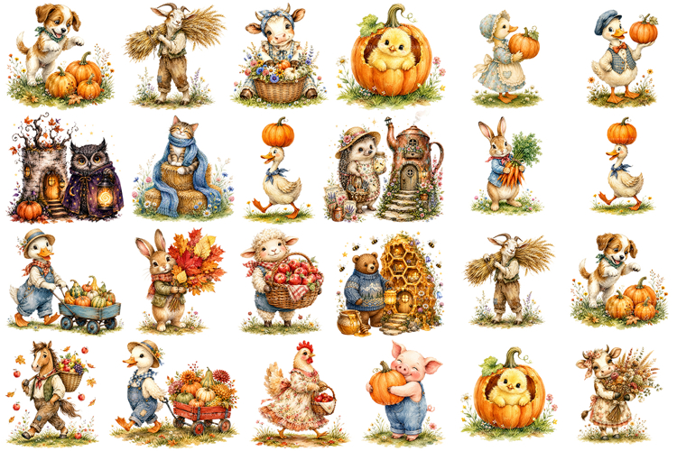 Cute Fall Harvest Animals Sublimation Clipart Bundle
