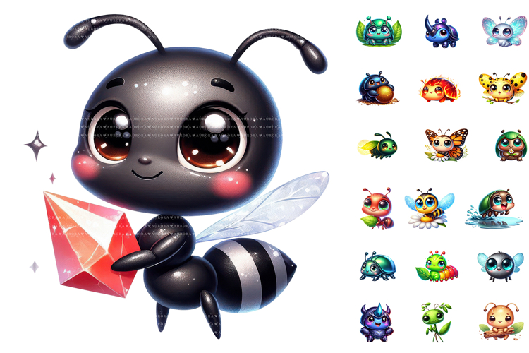 Kawaii Baby Bugs PNG Bundle, Spring Garden Clipart