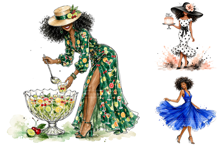 Glam Birthday Women Clipart Bundle, African American PNG