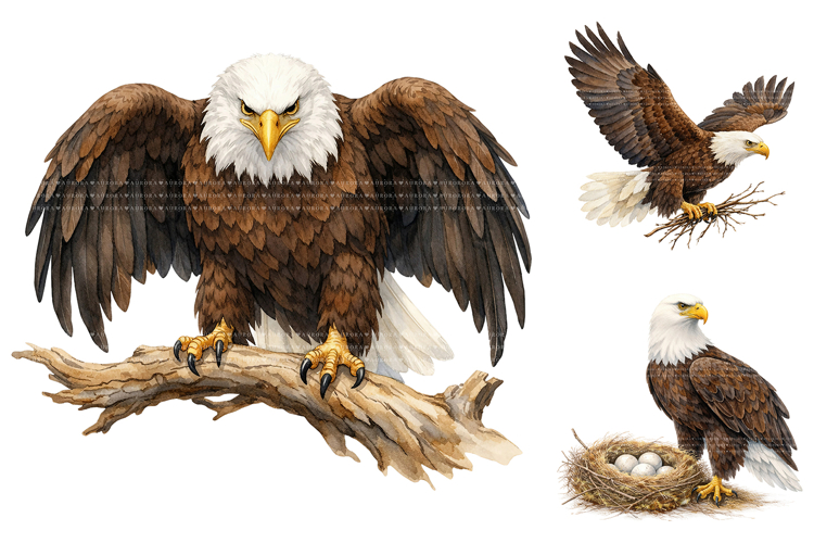 Watercolor Bald Eagle Clipart Bundle