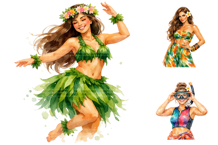 Tropical Watercolor Woman Clipart Bundle