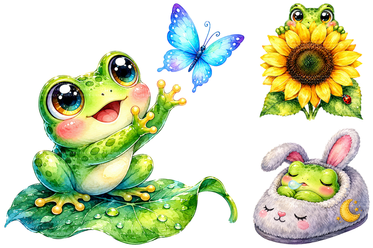Funny Frog Watercolor Clipart Bundle, Watercolor PNG