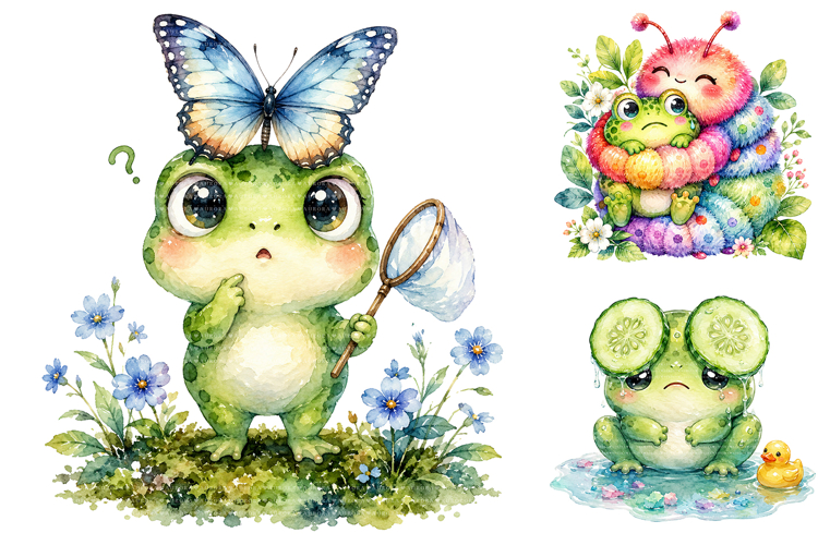 Funny Watercolor Frog Clipart Bundle