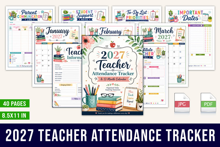 2027 Teacher Attendance Tracker Planner example image 1