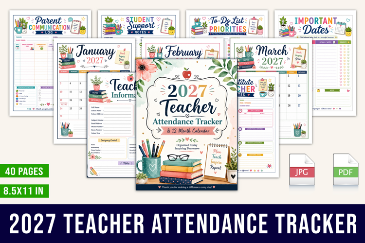 2027 Teacher Attendance Tracker Planner