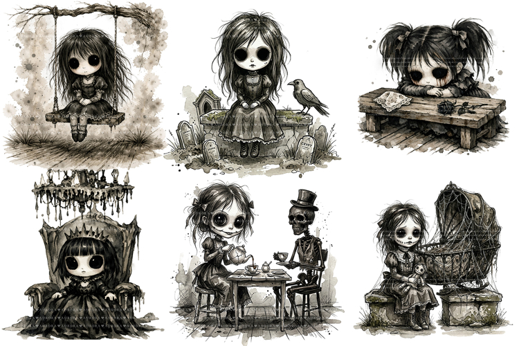 Creepy Gothic Doll Clipart Bundle, Dark Sublimation Designs