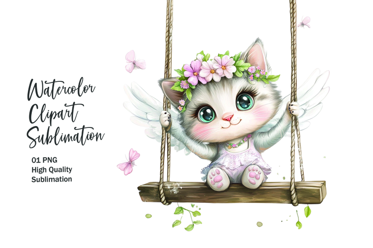 Cute cat sitting in wooden swing clipart png