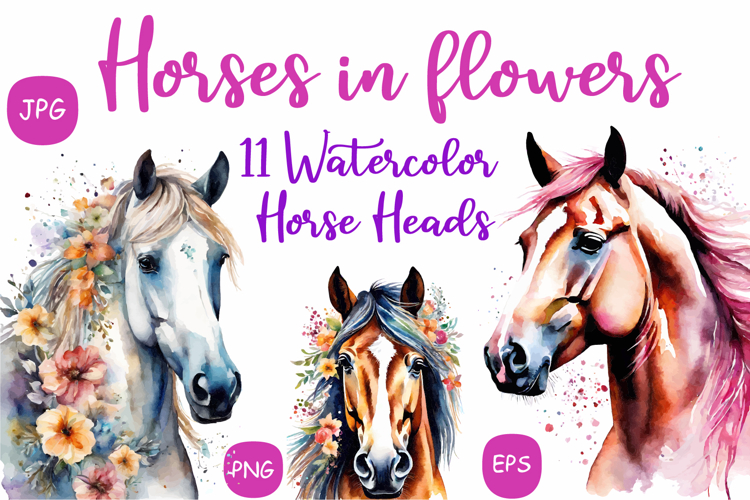 Set of 11 Horse with Flowers Watercolor Vector