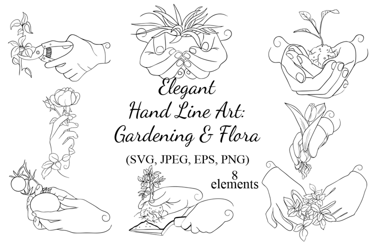 Elegant Hand Line Art: Gardening & Flora Clipart 8 Elements