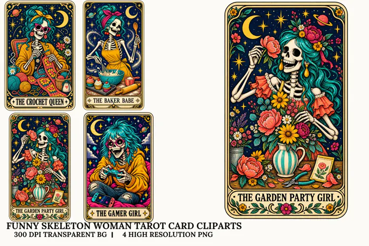 Funny Skeleton Women Tarot PNG Gothic Halloween Sublimation